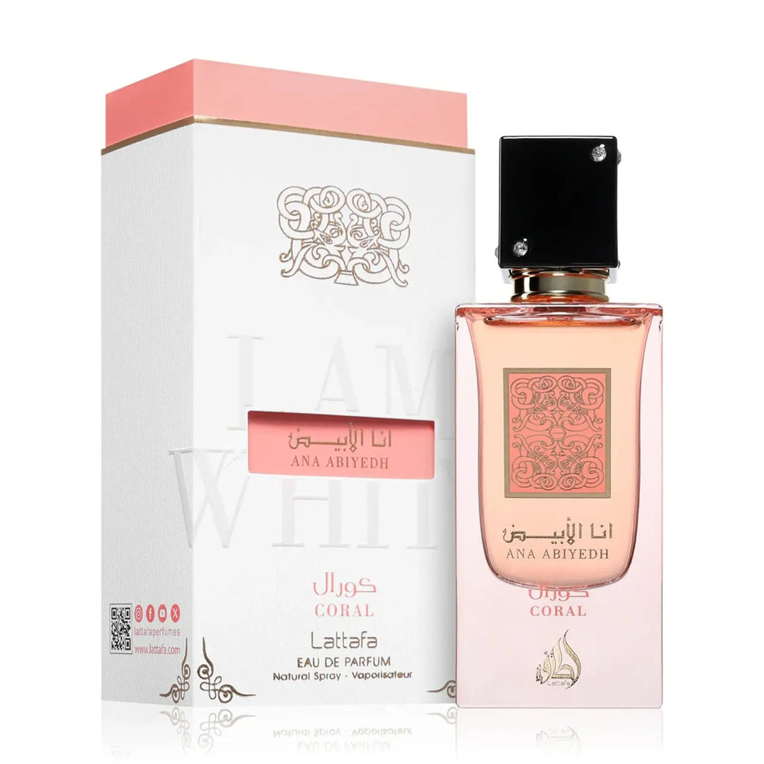Lattafa Ana Abiyedh Coral for Unisex Eau de Parfum perfume bottle and packaging