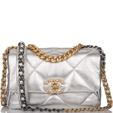 Chanel 19 Medium Flap Bag Silver Metallic Lambskin