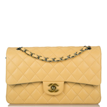 Chanel Medium Classic Double Flap Bag Yellow Lambskin Rainbow Hardware