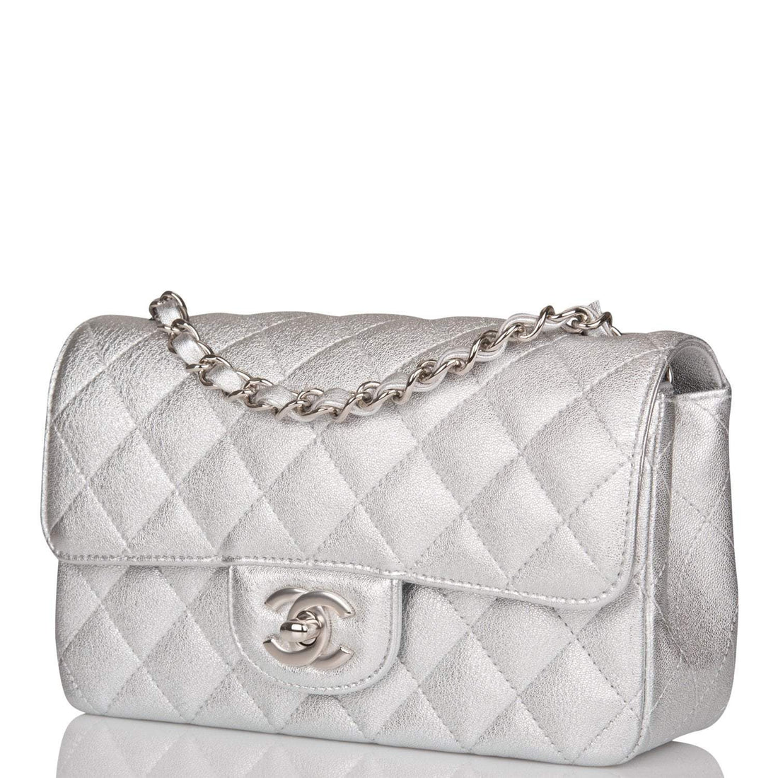 Chanel Rectangular Mini Flap Bag Silver Metallic Lambskin