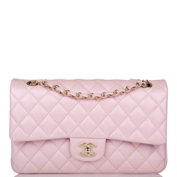 Chanel Medium Classic Double Flap Bag Pink Iridescent Lambskin Gold Hardware