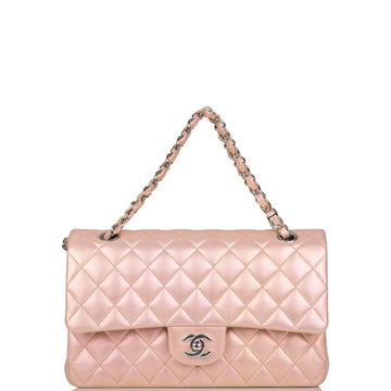 Chanel Medium Classic Double Flap Bag Pink Iridescent Lambskin Silver Hardware