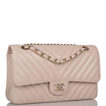 Chanel Medium Classic Double Flap Bag Beige Chevron Caviar