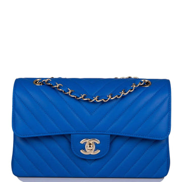 Chanel Small Classic Double Flap Bag Blue Chevron Caviar