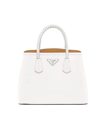 Prada Double Medium Leather Handbag White and Caramel