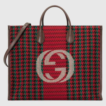Gucci Interlocking G Houndstooth Tote Red and Green