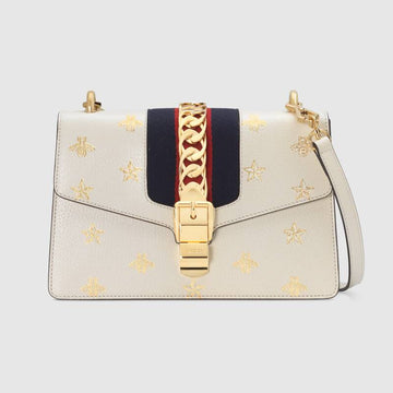 Gucci Sylvie Bee Star Small Shoulder Bag White Leather